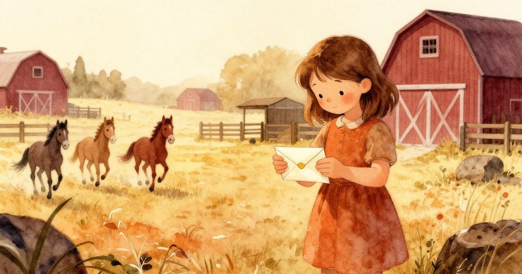 在柔和金光中,Kira 輕摺信封並收入口袋,馬棚與農場背景中隱約傳來馬蹄聲,充滿平靜與溫情別離。
