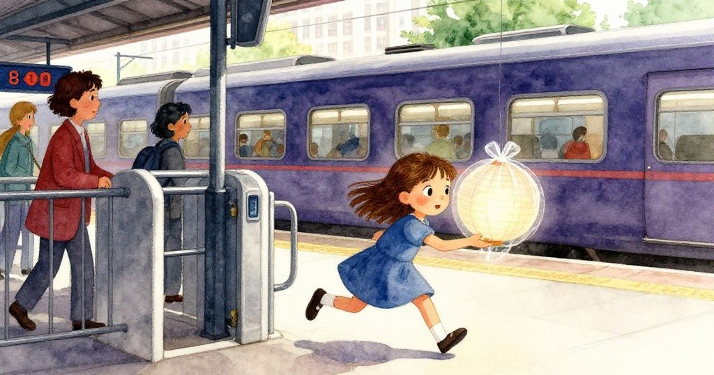 サラが駅の改札を急ぎながら、紙のランプを大事に抱え、温かな日差しと都会の背景に希望と緊張感を感じるシーン。