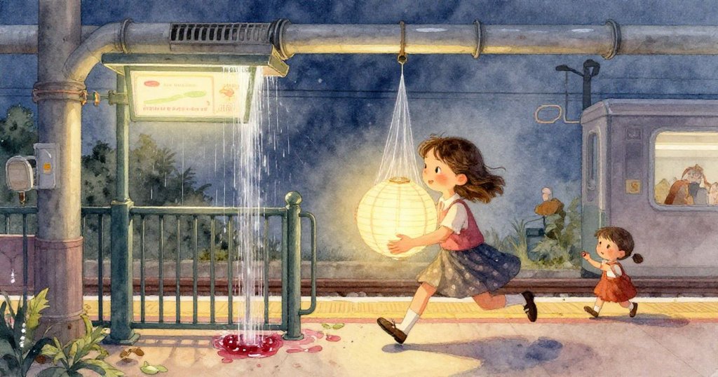駅の待合室から見た大きな時計と窓越しの雨水とシロップが混ざり合う光景。動的な液体が強調され、好奇心をそそるシーン。