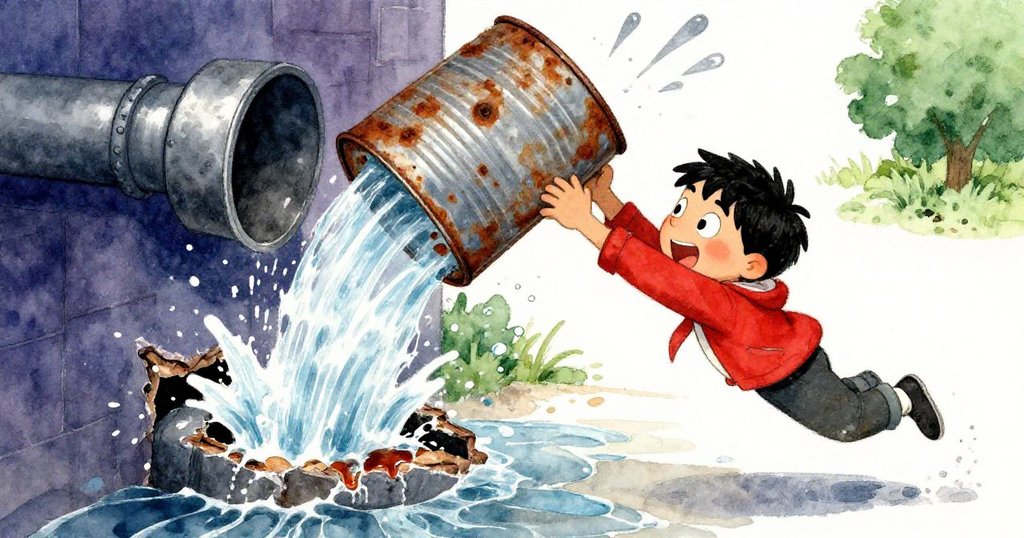 クルスが激しく動きながらさびた掲示板を頭上に掲げ、流れる水と紫のシロップが渦巻く中で守ろうとする力強いシーン。