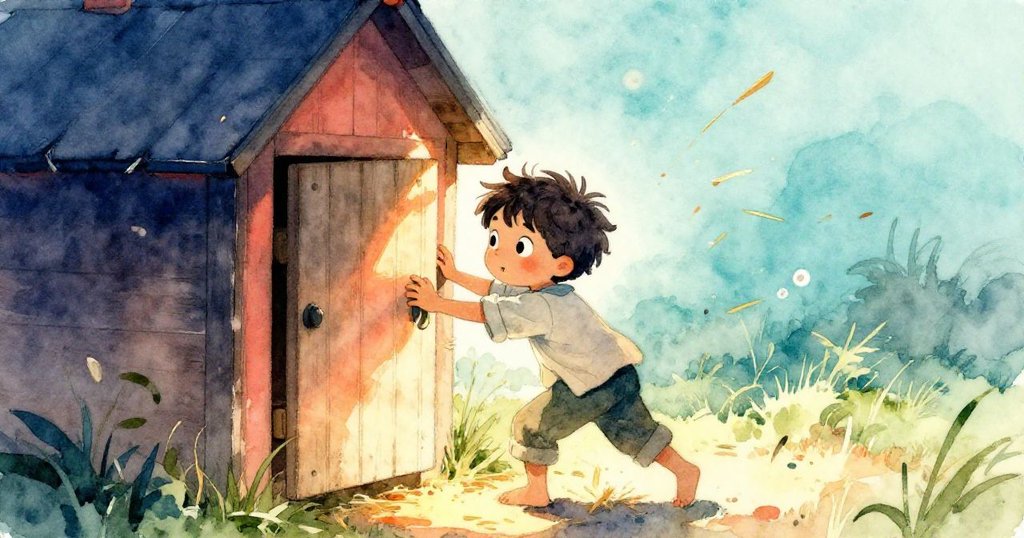 Cal推開雞舍門，手觸粗糙稻草，踏入充滿塵土與溫暖光線的室內，神情充滿期待與決心。