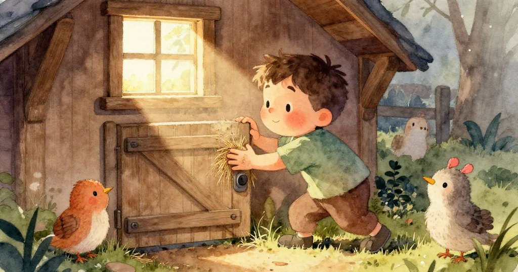 Cal臉部特寫，他急眯眼睛抵禦金屬反光，神色驚訝又專注，背景隱約呈現雞舍內部的溫暖光影。