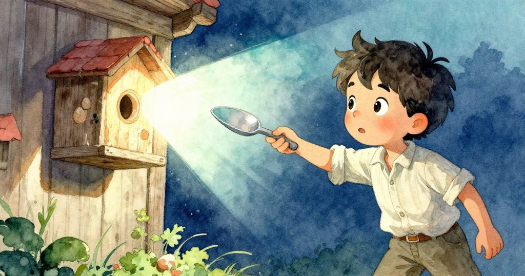 Cal舉起飼料鏟當作鏡子反射陽光，傾斜角度中光束穿透陰影照亮藏蛋處，場景充滿奇妙與動感。