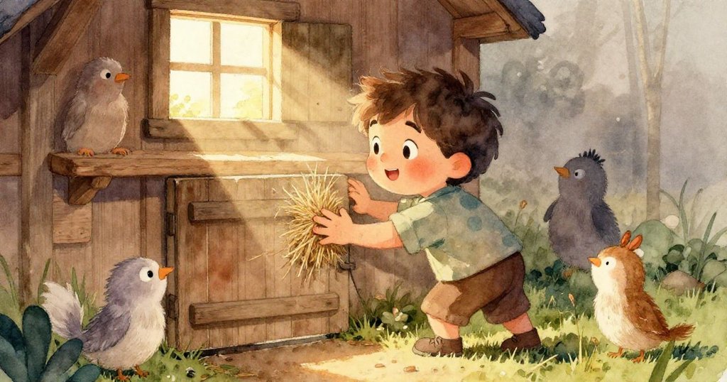 透過雞舍網窗外，Cal靴旁閃爍著市場碎片，壯觀橡樹在日光下閃耀，室內外景緊密結合，充滿自然魅力。