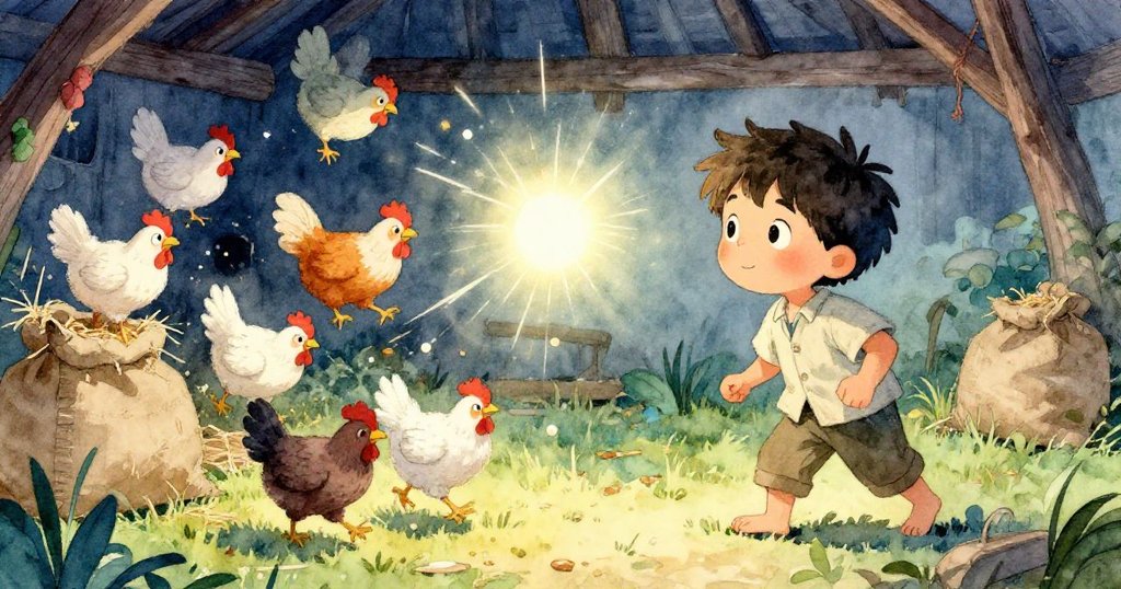 Cal注視母雞追逐光斑嬉戲，穀物袋翻倒、稻草飛舞如彩帶，室內熱鬧混亂中流露出驚喜與詫異。