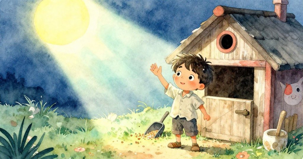 在雞舍內熱鬧平息後，Cal將鏟子輕放旁邊，溫柔揮手告別隨光飄移的光斑，場景由繁動轉向寧靜。