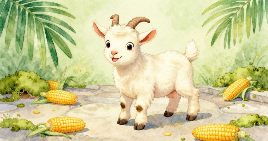 헛간 밖 돌바닥에서 'Kid Goat'가 흙과 녹색 이끼 위에 떨어진 옥수수를 호기심 가득한 눈빛으로 탐색하며 즐거워하는 모습