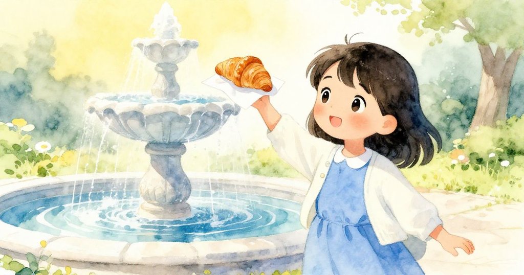 蘇琪在晨光中的噴泉邊,微霧輕拂她的手腕,她小心翼翼地放置羊角麵包,表情平靜溫柔。