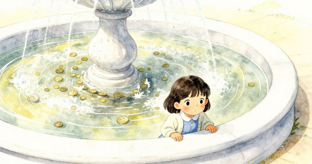 從高處俯瞰,蘇琪凝視著滿佈硬幣與噴水花紋的池面,神情堅定尋找蠟印。