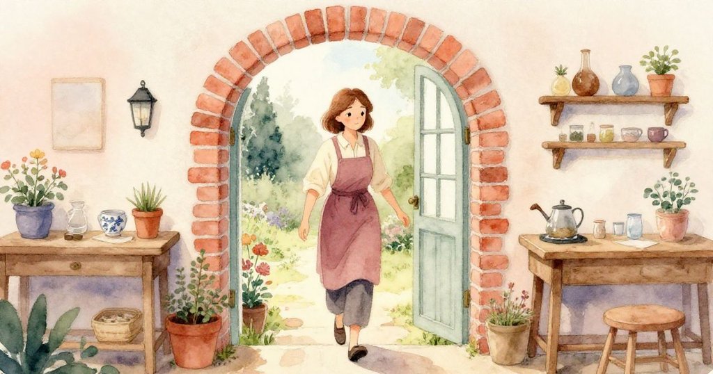 Cora 穿著溫暖衣服，從石砌拱門走入充滿香草與陽光的庭院，神情期待且充滿柔和光影。