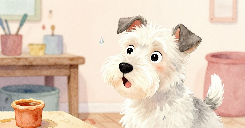 Jasper 臉上流露驚訝表情，因精靈般水珠驟然落在身上，背景呈現溫馨工坊與柔和光影。