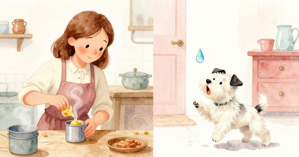 Cora 聚精會神加熱蜜蠟，而精靈水珠正跳出擊中Jasper，展現忙碌與意外瞬間，雙面情景充滿動感。