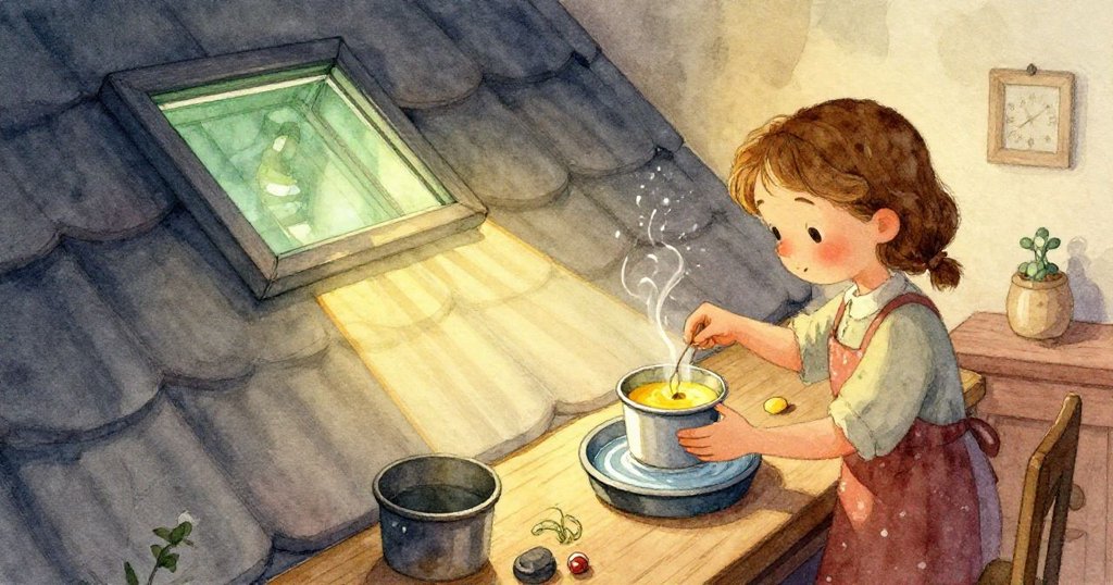 陽光柔和下滑，玻璃薄荷瓶反射出水珠光芒，蜜蠟蒸氣與室內溫暖光影交織出寧靜氛圍。