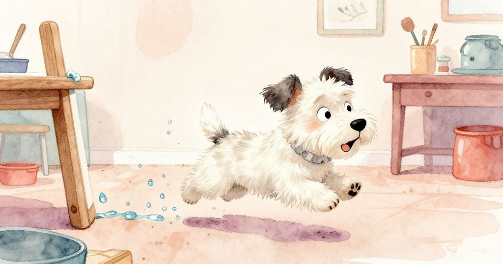 Jasper 奔跑追趕跳動水珠，展現急切追逐情景，工坊木框背景中充滿動感與活力。