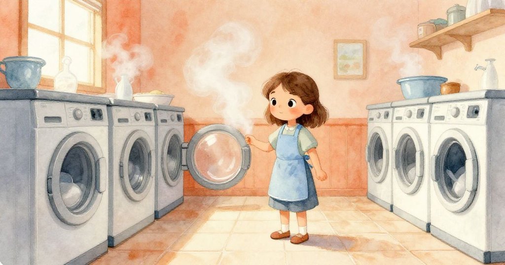 妮娜在溫暖的洗衣房中,站在柔和蒸氣與機器背景前,神情平靜準備開始工作,環境散發溫馨氣息。
