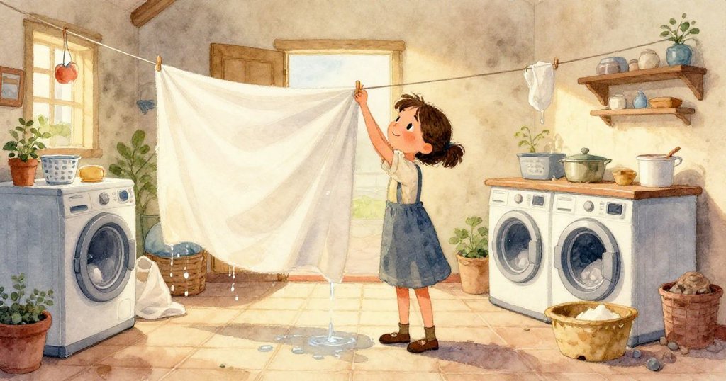 妮娜的手在濕潤布料上忙碌,近距離展現水珠閃爍與布料褶皺,動作細膩充滿日常儀式感。