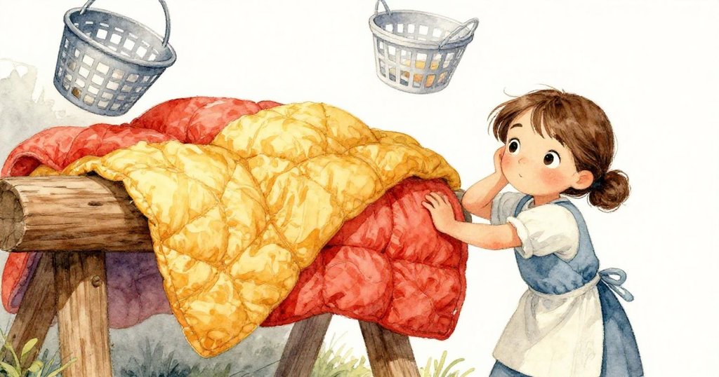 妮娜在傾斜視角下調整沉重棉被,木樑彎曲、掛籃搖擺,神情專注,場景充滿溫暖動感。