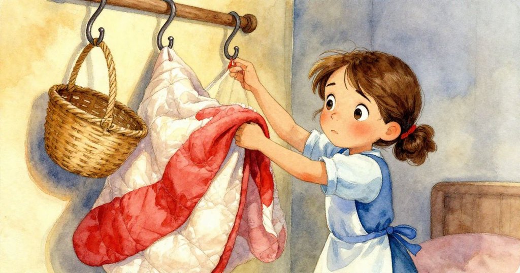 妮娜神情堅定地移動沉重棉被,用力調整掛籃位置,畫面捕捉決斷瞬間,室內環境溫暖細膩。