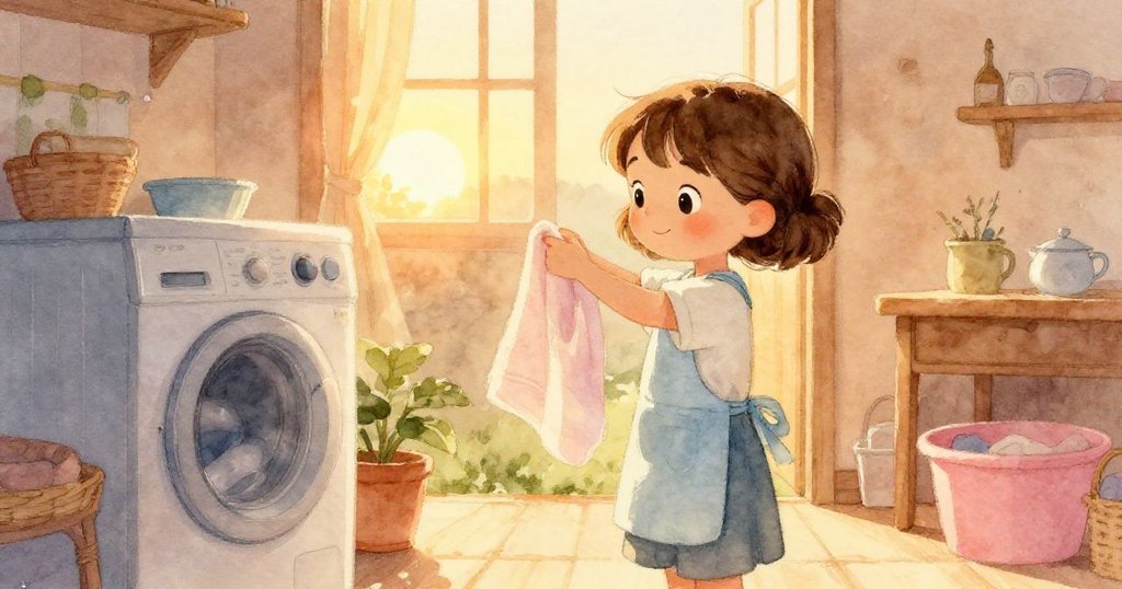 在夕陽金光下,妮娜微笑將最後一條毛巾掛上繩索,洗衣房充滿溫馨與平靜,細節溫暖明亮。