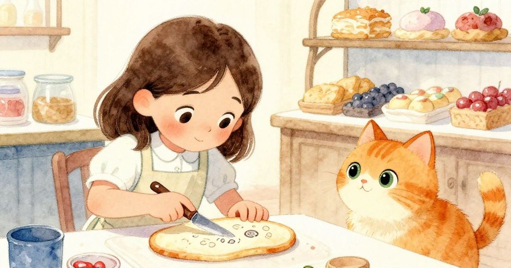 ドーンがナイフで不思議な焼けた種の模様を丁寧になぞり、虹色に輝く猫が好奇心をもって近づく温かい交流の瞬間