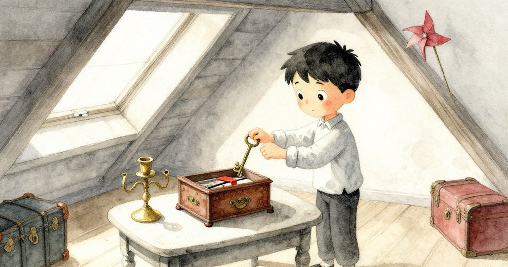 在透視圖中，小男孩Grant在老舊房間中扭動銅鑰匙，桌上音樂盒與燭台散發淡光，角落堆滿舊箱子，充滿懷舊溫馨感。