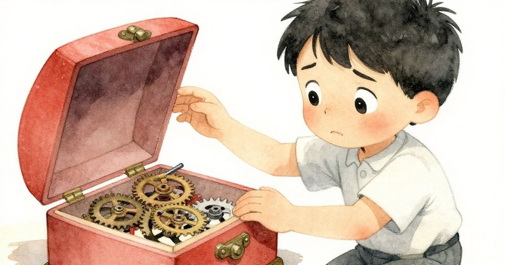 Grant專注抬起音樂盒蓋子，面部表情流露好奇與疑惑，近景展現齒輪細節，情感由疑慮轉向期待。