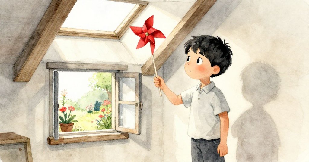 從天窗與開窗處望出，Grant凝視窗外小花園，室內暖光與紙風車緩轉，帶來室內外交融的溫馨過渡。