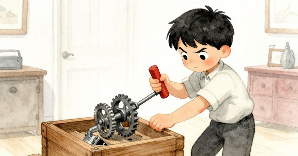 Grant在木盒旁決心修理，運用手電鑽鑽新孔，神情果斷，工具散落桌上，展現室內挑戰與溫馨家居氛圍。