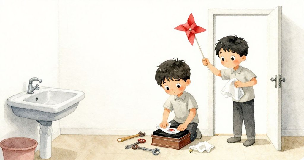 修補完畢後，Grant將音樂盒放置水槽旁，摺好工具布，望向敞開的門口，眼中流露希望與解決困難的滿足感。