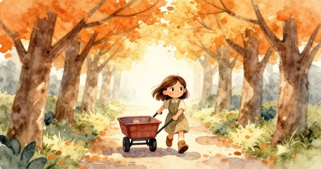 橄欖正推著小車進入金色果園，樹枝形成天然拱門，她露出堅定與興奮的神情，邁向未知冒險。