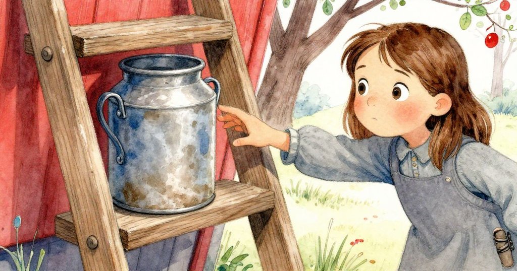 橄欖伸手輕觸梯子上的老舊金屬罐，細膩紋理與古樸木紋相映，透露著歷史與傳承之美。