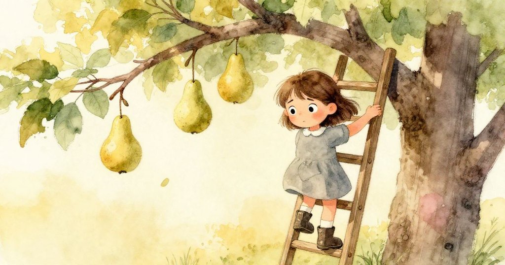 從高處俯瞰，橄欖攀爬梯子，梨枝搖曳間透露出她既專注又略顯緊張的表情，呈現挑戰感。