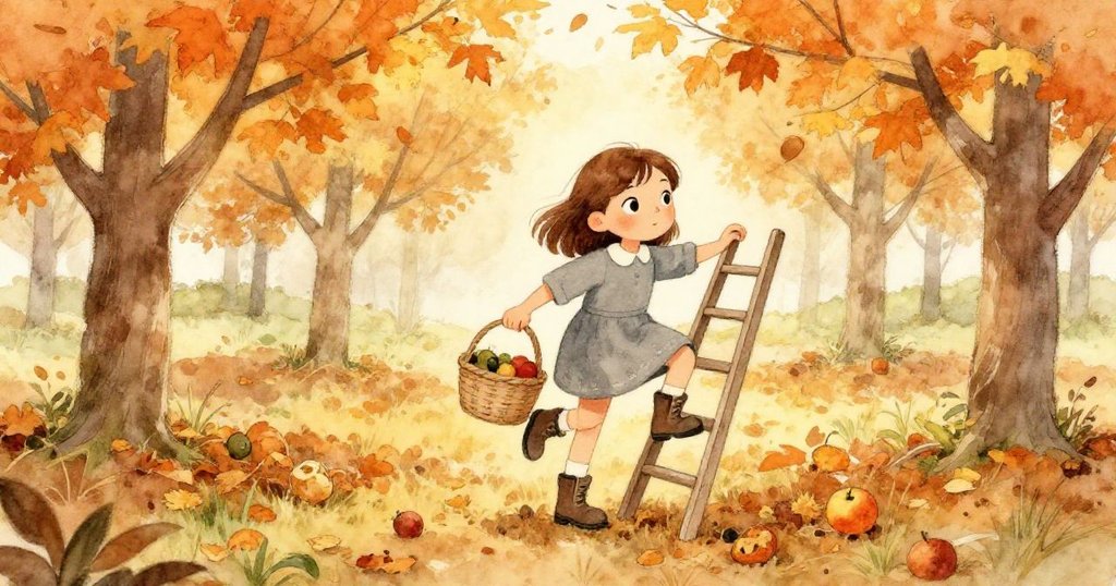 秋季果園中，橄欖穩持著籃子站在舊梯上，落葉與腐敗果實襯托出大自然變幻的美，充滿堅毅。