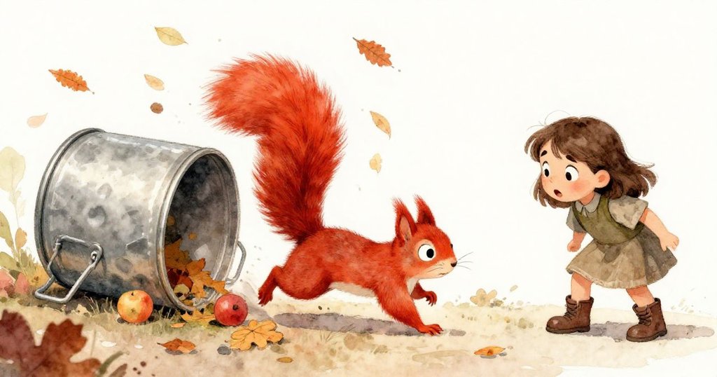 橄欖目光驚慌中望著金屬罐滾落，紅松鼠迅速奔逃追逐，葉片隨風飛舞展現緊張追逐情景。
