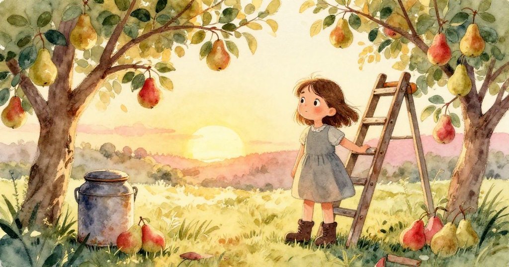 落日餘暉裡，橄欖靜立果園邊，凝視破損梯旁金屬罐與高掛梨果，心中流露柔情與感慨。