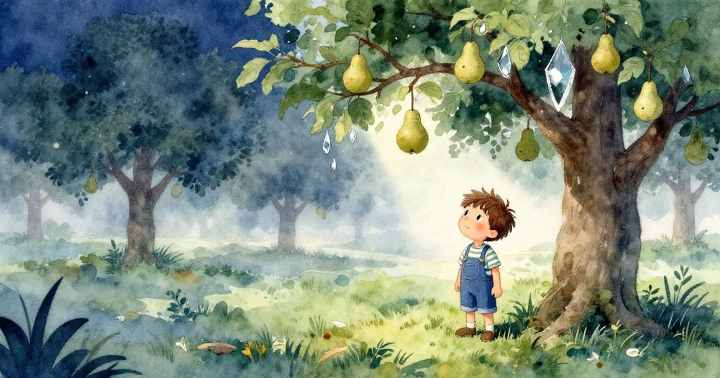 在薄霧籠罩的果園中，Theo站於梨樹旁注視高掛鏡片散發的光芒，臉上寫滿好奇與期待，展開冒險序章。