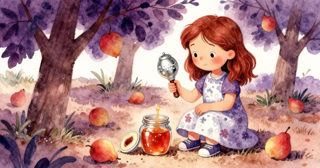 在果園落梨間，Cora握著葫蘆喧器細看桃糖漿，神情充滿驚喜，展現探索容器奇趣的發展。