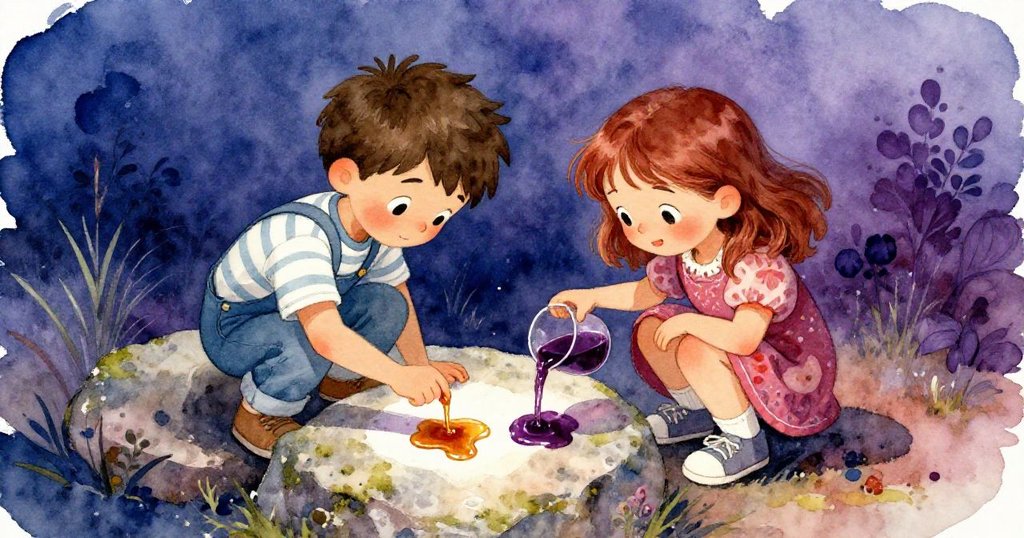 從高處俯視，Theo與Cora蹲於根間平石上，各自用糖漿與莓汁創作色彩馬賽克，情感洋溢，進入創作高潮。