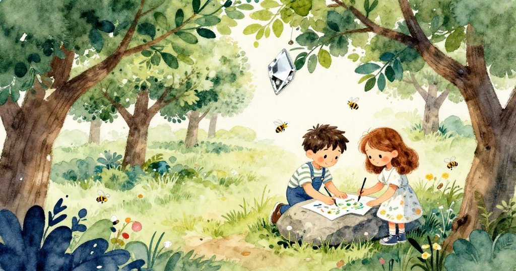 從高處望去，果園盡收眼底，Theo與Cora正下方石上作畫，蜜蜂飛舞鏡片閃耀，情景壯闊充滿驚喜。