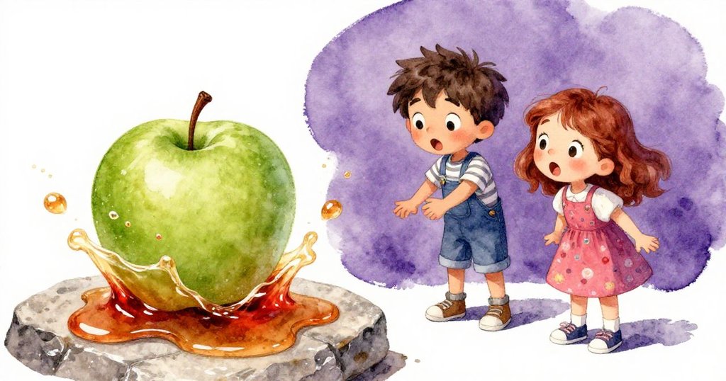 在石面上，綠蘋果落入糖漿濺起果汁，Theo與Cora驚訝眼神交錯，呈現調皮張力，故事邁向高潮。