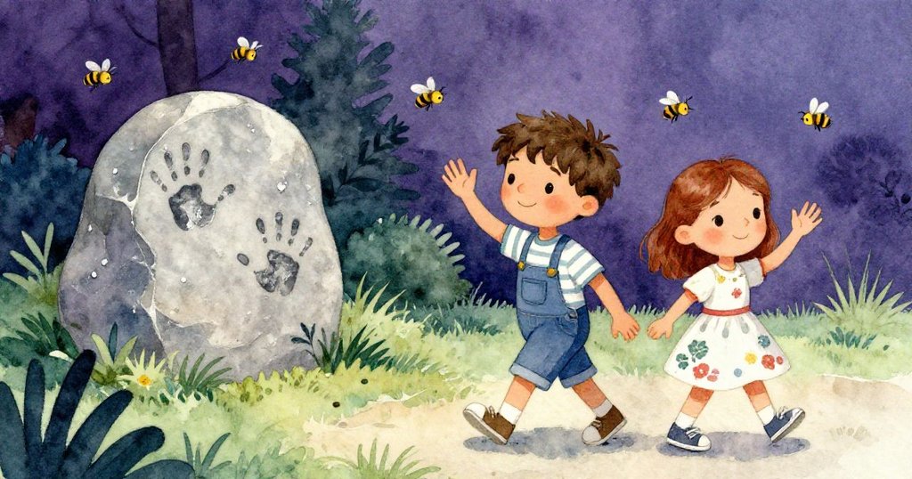 在柔和夕光下，Theo與Cora帶著微笑揮手告別，離開留有手印的石頭，蜜蜂輕舞，故事溫馨結束。