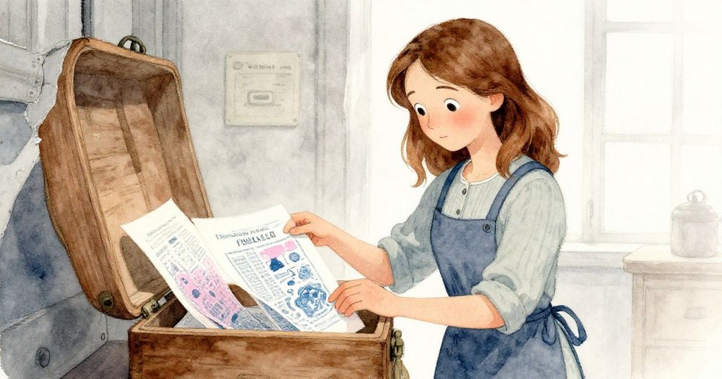 Flora 在印刷室中打開精緻木盒，發現濕潤油墨光彩閃爍的印刷頁面，臉上充滿好奇與欣喜，溫馨細膩。