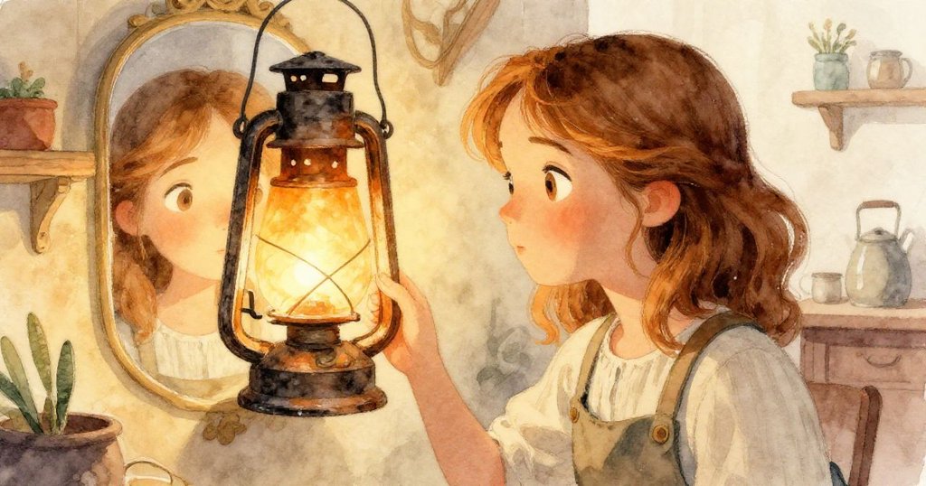 Flora 停下腳步凝望燈籠中琥珀玻璃映出的自己，細緻表情流露思索，燈光柔和、溫暖充滿詩意。