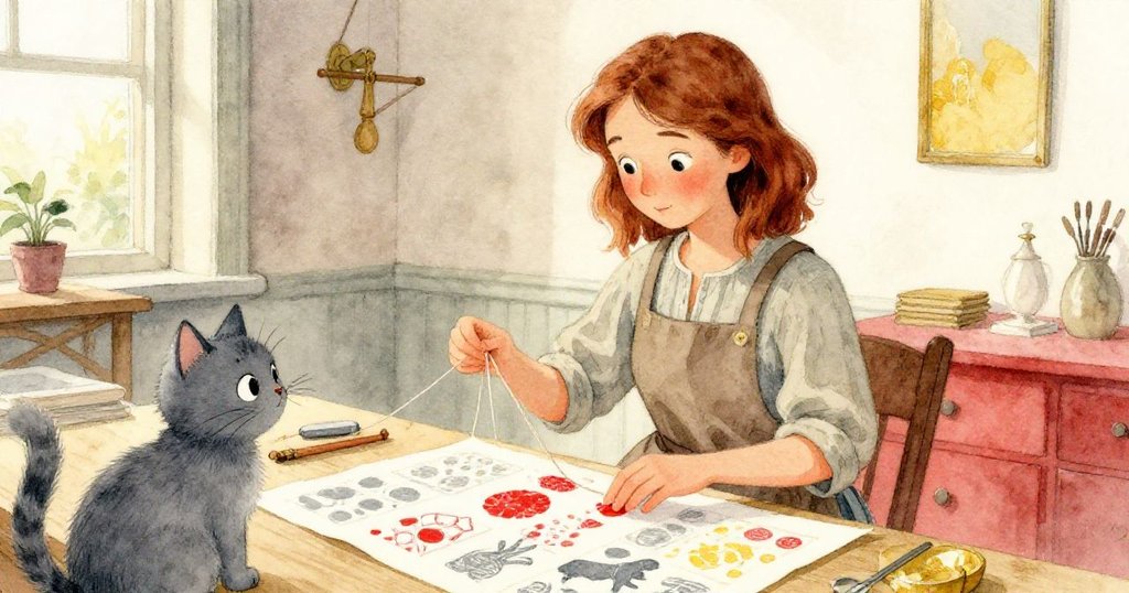 Flora 在印刷間新房中細心將印刷紙張穿放於棉繩上，灰貓在旁好奇凝視，室內古色古香、燈光溫暖怡人。