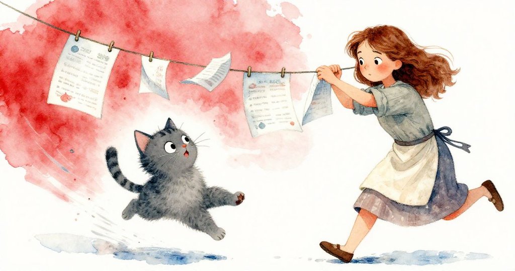 灰貓猛撲下垂棉繩上的飄動紙張，Flora 快速衝去穩定頁面，動作靈敏而急促，現場充滿緊張與活力。