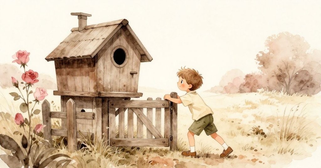 少年コールが柔らかな朝日を背に、古い鶏小屋の門を開け、わくわくした表情で周囲の藁と木目の風景に入る様子。