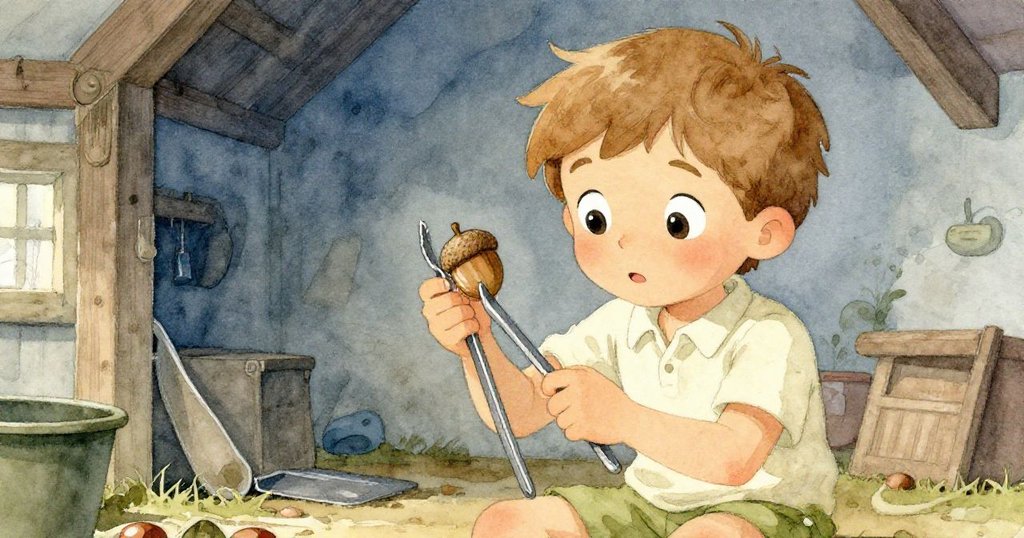 鶏小屋内でコールが鉄製のトングと丸いドングリを丁寧に手に取り、好奇心あふれる表情で近くの木目の背景を見つめる様子。