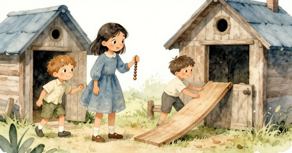 ウレンが静かに鶏小屋に入り、木製のビーズを持ってコールに近づき、共に古い木製の斜面に工夫を凝らす温かなシーン。