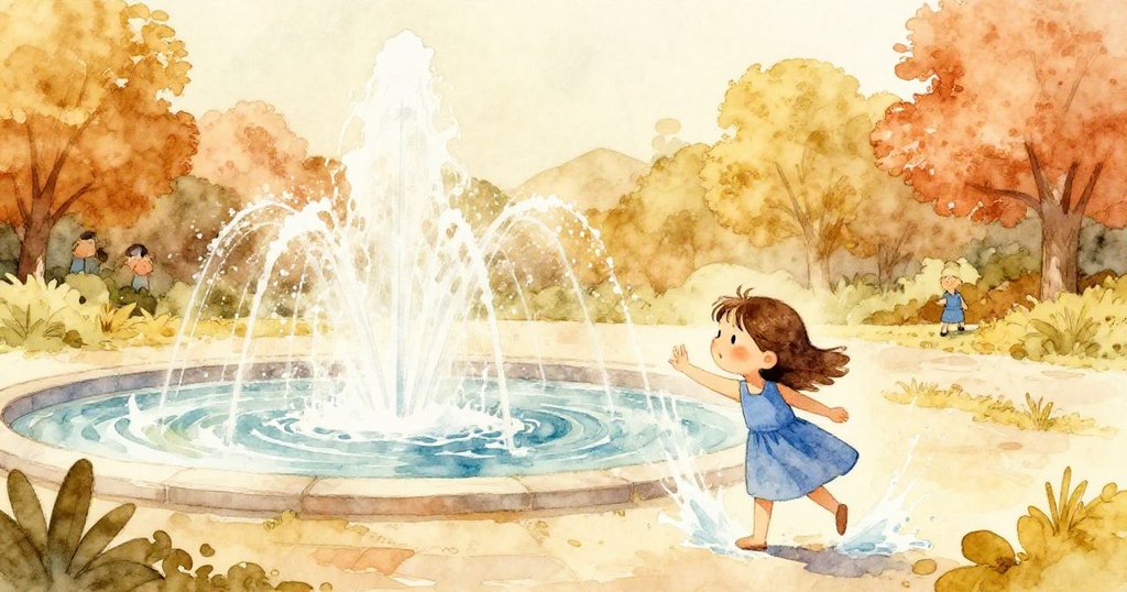 戶外全景展現活力噴泉，Gwen 與四濺的水花互動，濕潤石板、柑橘果皮共同營造生動場面