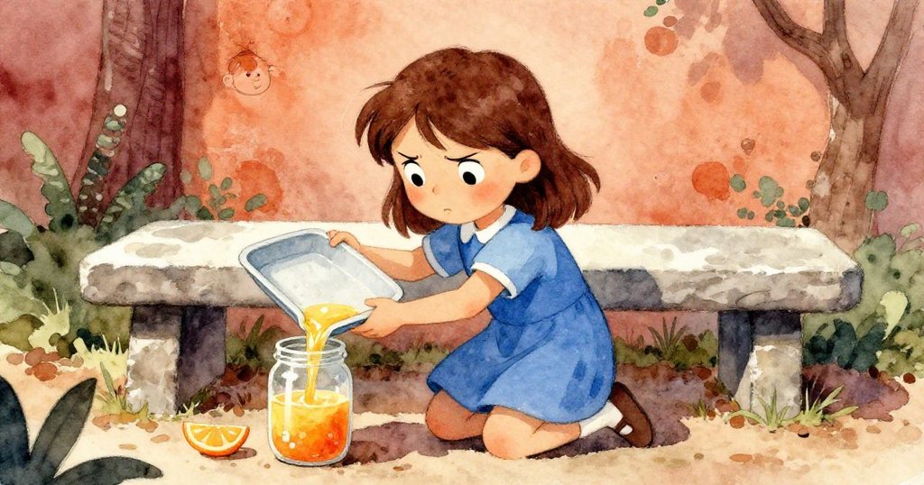 Gwen 膝蓋著地，運用塑膠托盤和罐子阻擋流動中的果汁，滿臉專注與決心，場景充滿暖色調細節